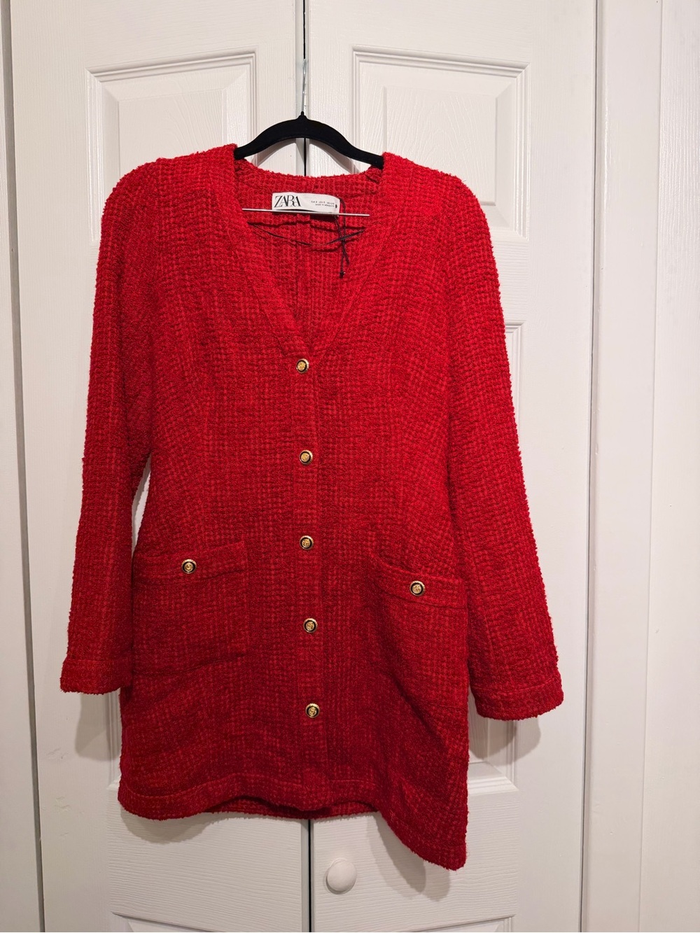Zara Red Bouclé Button-Front dress with Gold Buttons